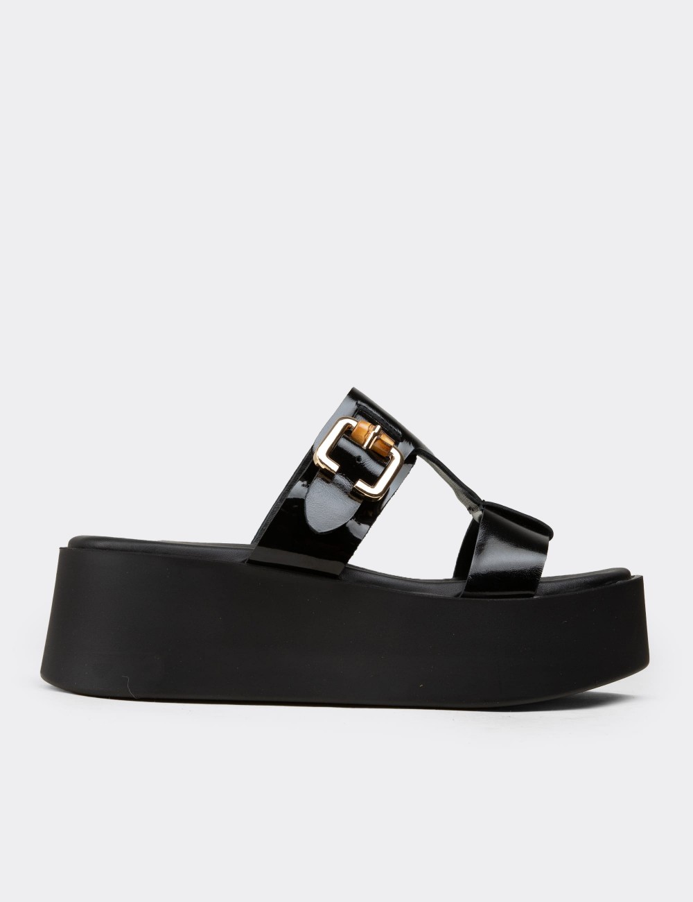 Women's Black Patent Leather Platform Slide Sandals - 24302ZSYHC01