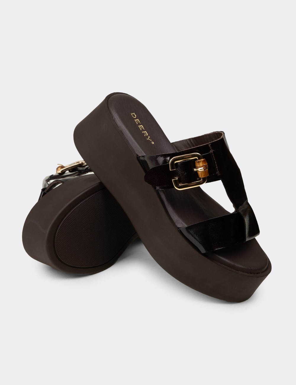 Women's Brown Patent Leather Platform Slide Sandals - 24302ZKHVC01
