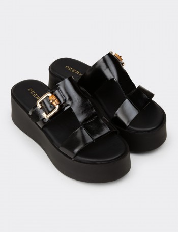 Women's Black Patent Leather Platform Slide Sandals