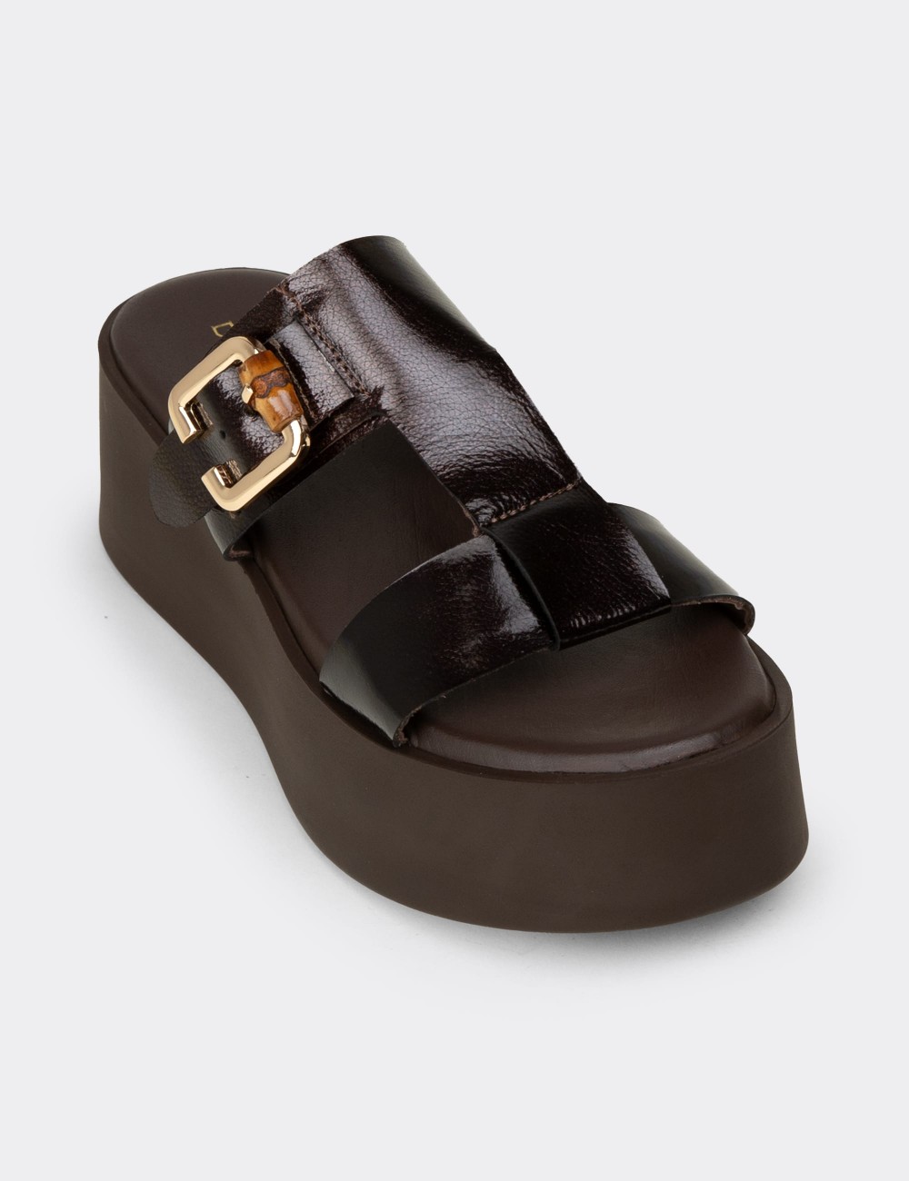 Women's Brown Patent Leather Platform Slide Sandals - 24302ZKHVC01