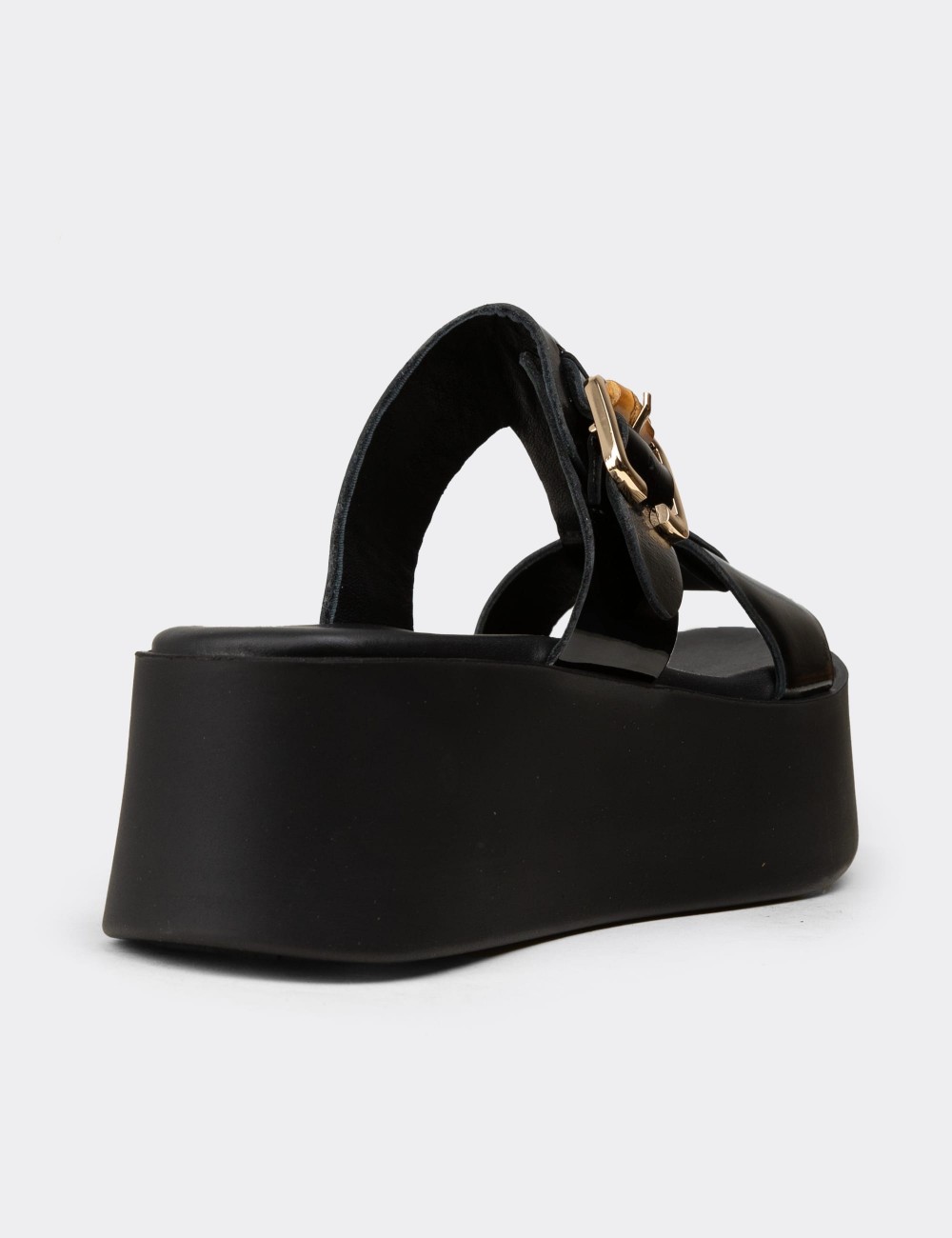 Women's Black Patent Leather Platform Slide Sandals - 24302ZSYHC01