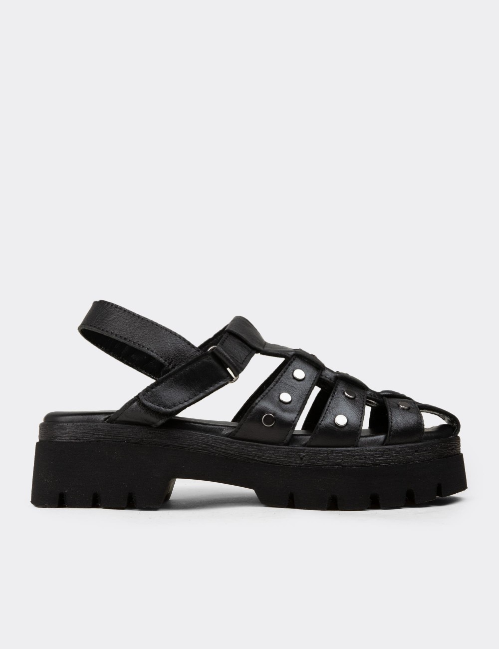 Women's Black Leather Strappy Sandal - 22303ZSYHC01