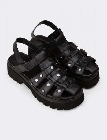 Women's Black Leather Strappy Sandal