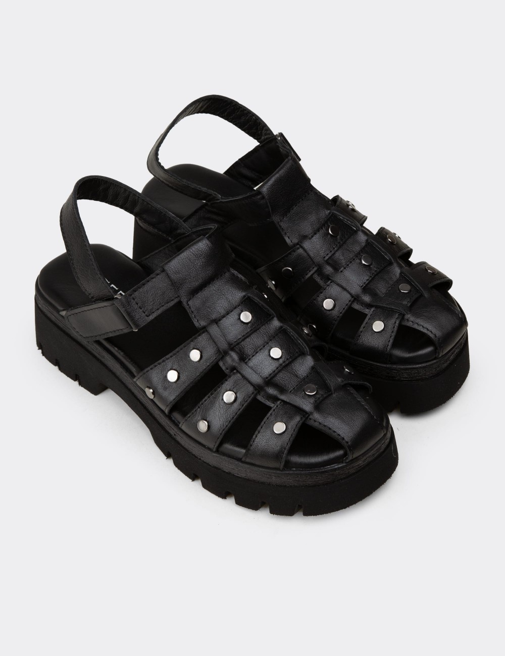 Women's Black Leather Strappy Sandal - 22303ZSYHC01