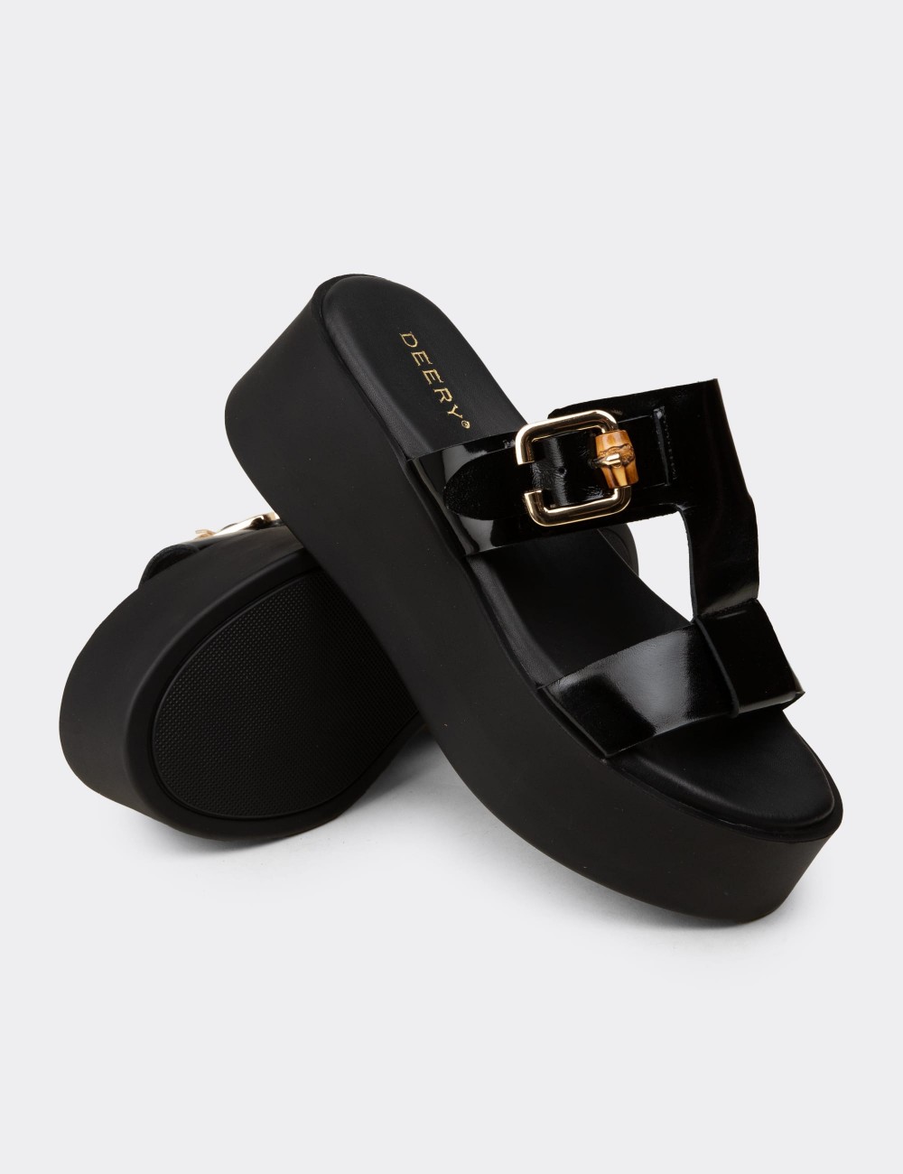 Women's Black Patent Leather Platform Slide Sandals - 24302ZSYHC01