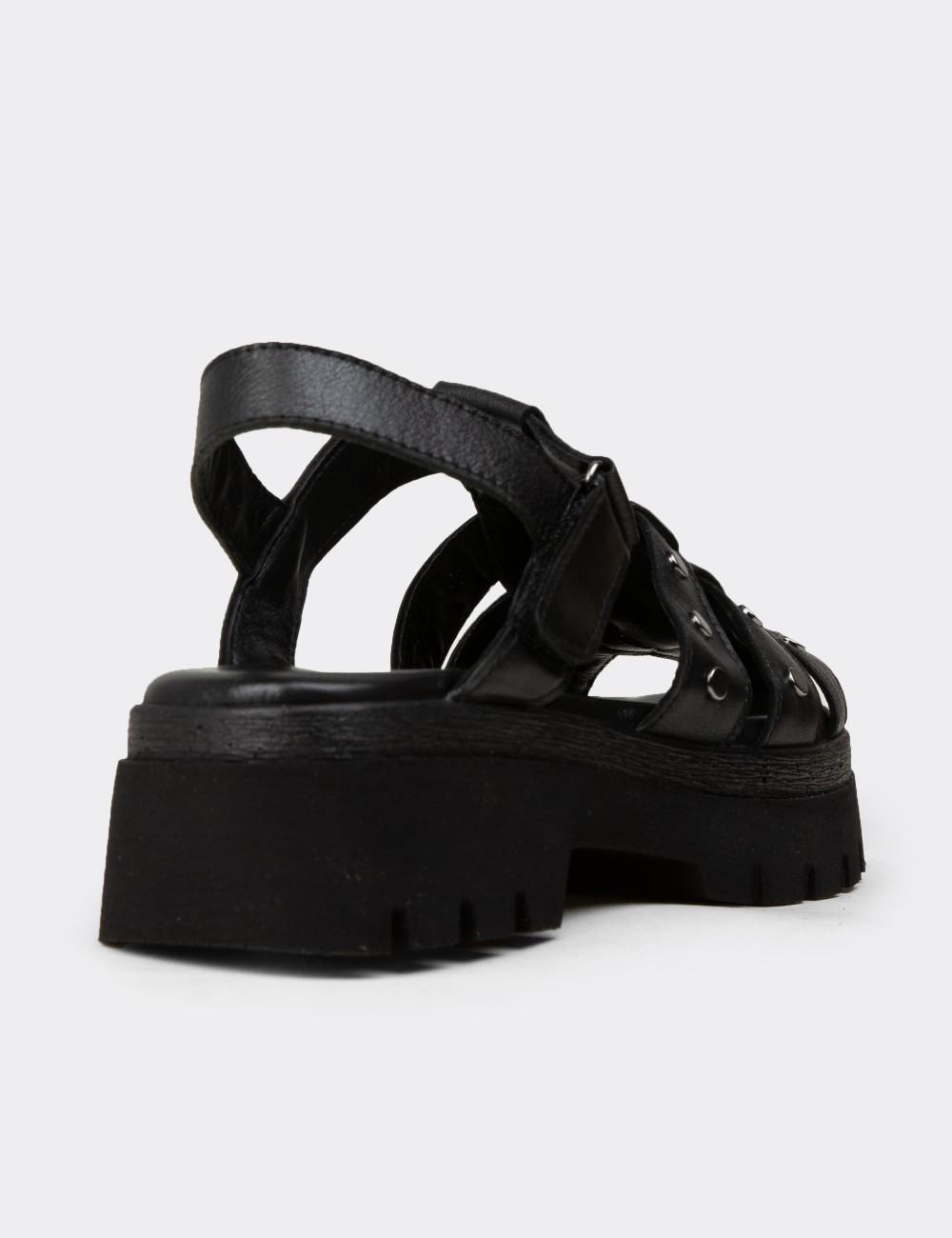 Women's Black Leather Strappy Sandal - 22303ZSYHC01