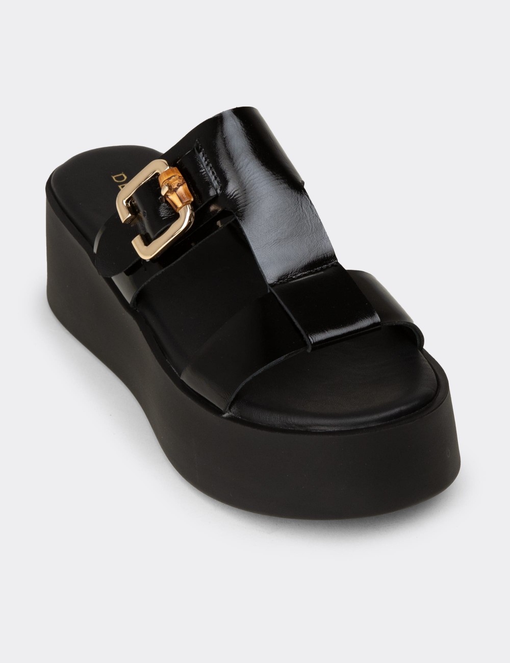 Women's Black Patent Leather Platform Slide Sandals - 24302ZSYHC01