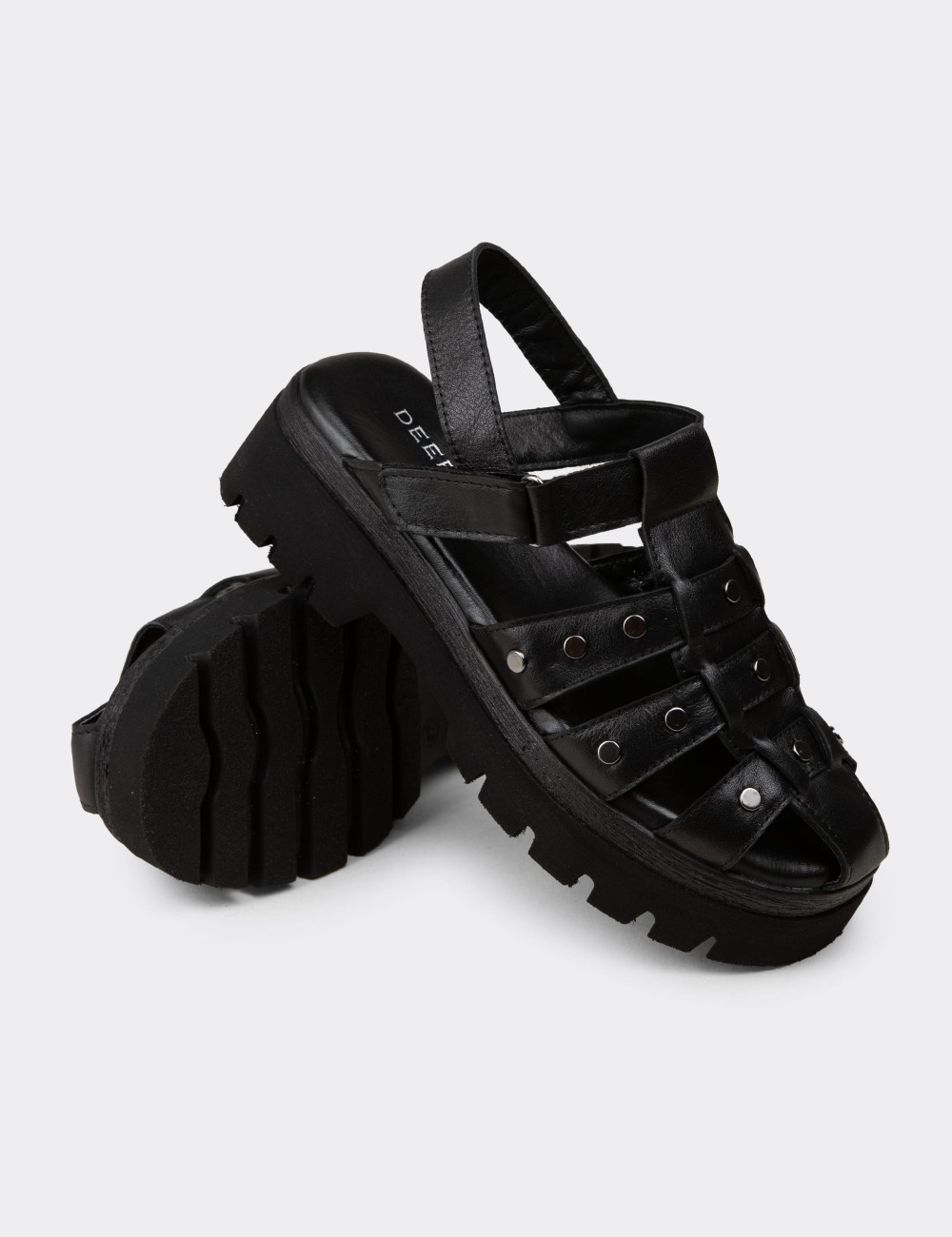 Women's Black Leather Strappy Sandal - 22303ZSYHC01