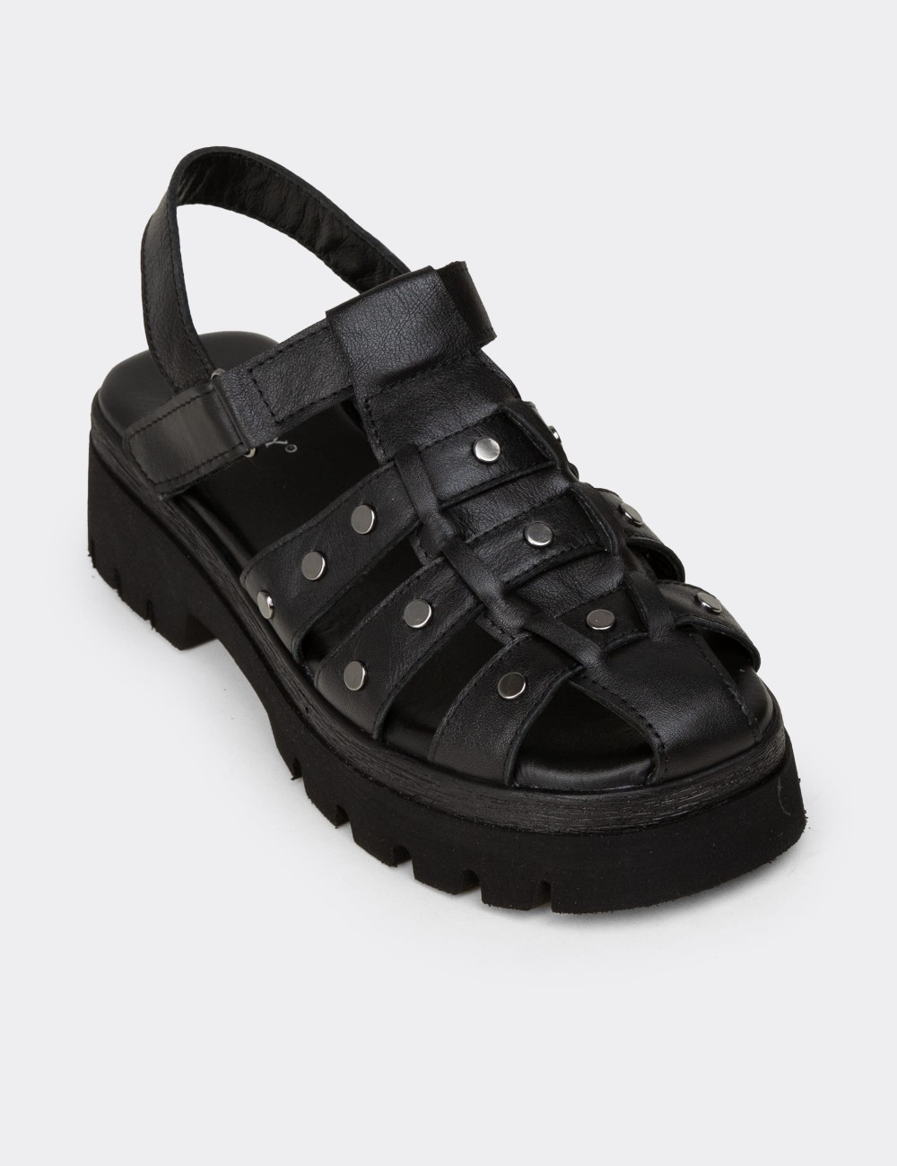 Women's Black Leather Strappy Sandal - 22303ZSYHC01