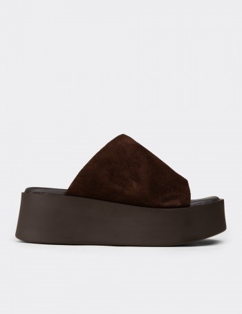 Women's Brown Suede Leather Platform Slide Sandals
