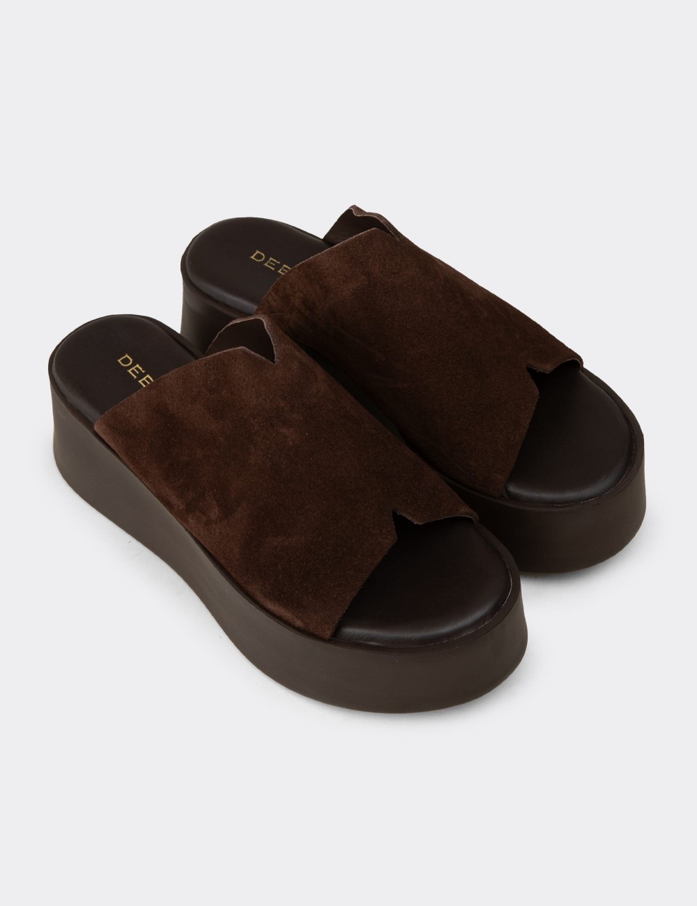 Women's Brown Suede Leather Platform Slide Sandals - 24305ZKHVC01