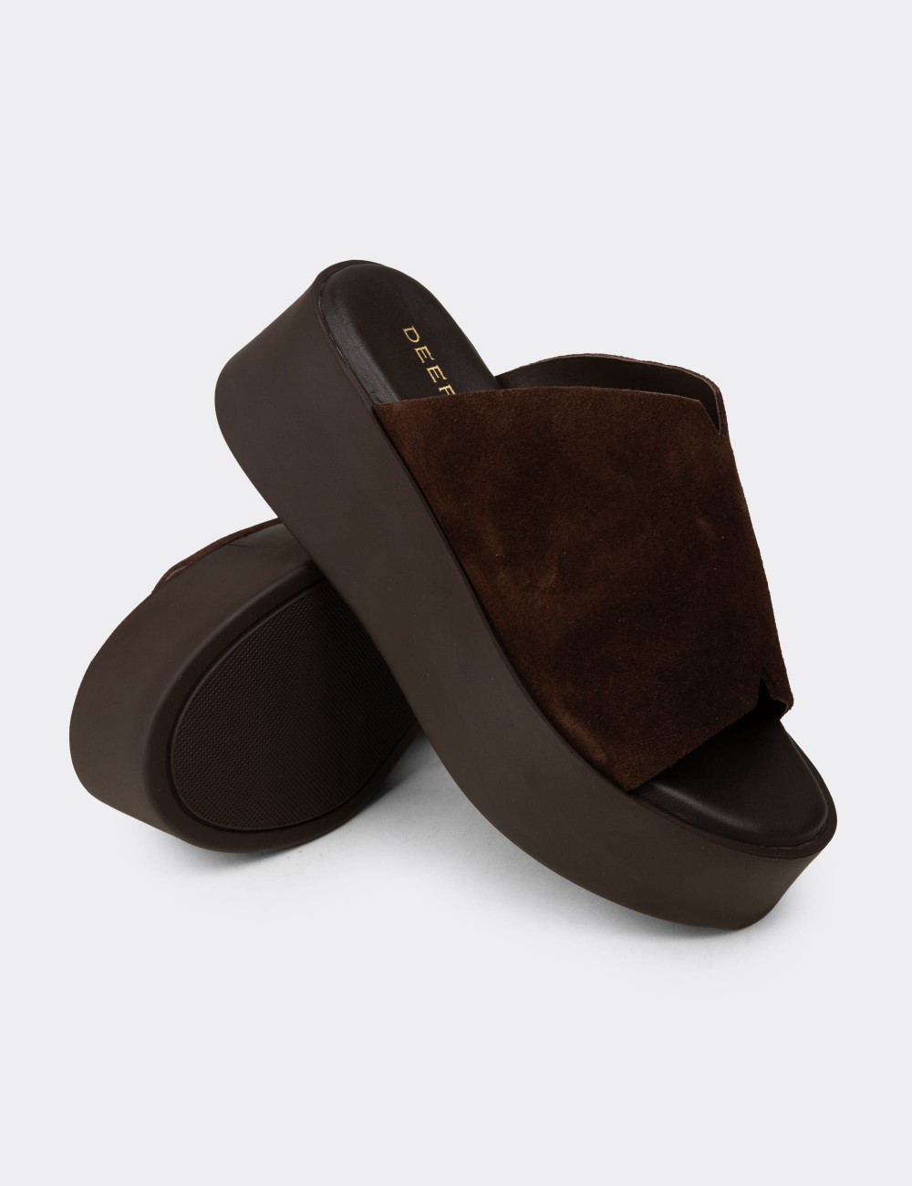 Women's Brown Suede Leather Platform Slide Sandals - 24305ZKHVC01