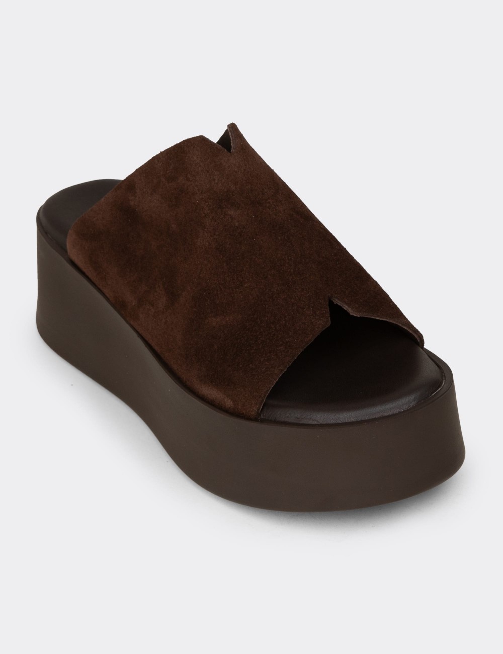 Women's Brown Suede Leather Platform Slide Sandals - 24305ZKHVC01