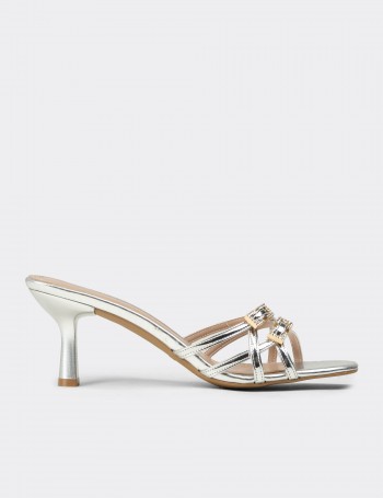 Women’s Evening Silver Heeled Slide Sandals - K7777ZGMSM01