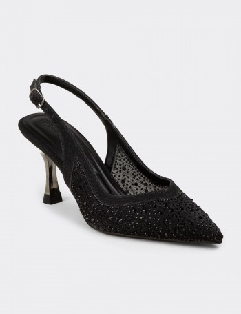 Women's Black Rhinestone Slingback Heels - K0227ZSYHM01