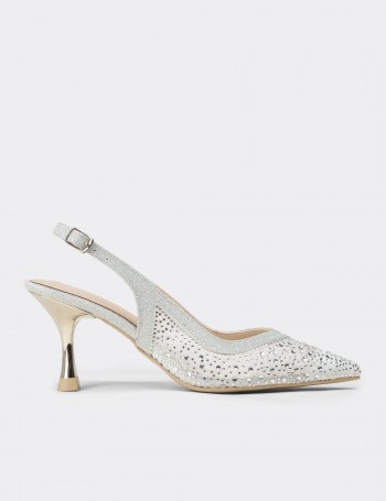 Women's Silver Rhinestone Slingback Heels - K0227ZGMSM01