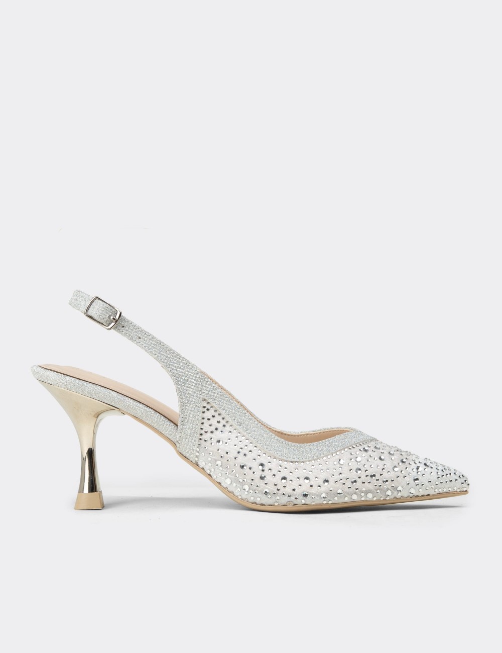 Women's Silver Rhinestone Slingback Heels - K0227ZGMSM01
