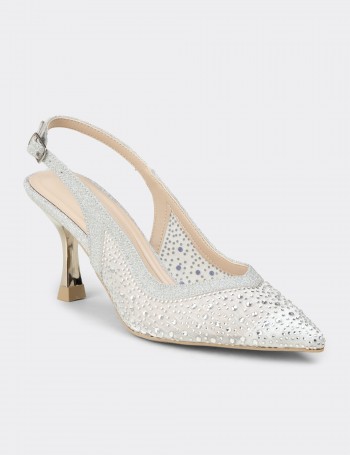 Women's Silver Rhinestone Slingback Heels - K0227ZGMSM01
