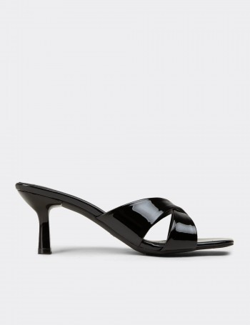 Women's Black Patent Heeled Slide Sandals