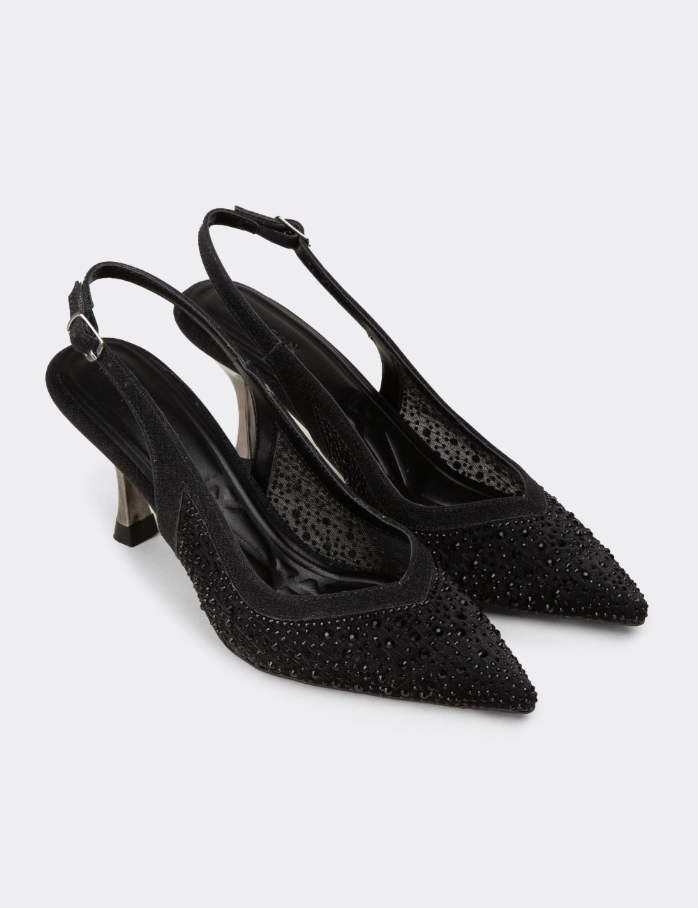Women's Black Rhinestone Slingback Heels - K0227ZSYHM01