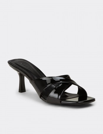 Women's Black Patent Heeled Slide Sandals