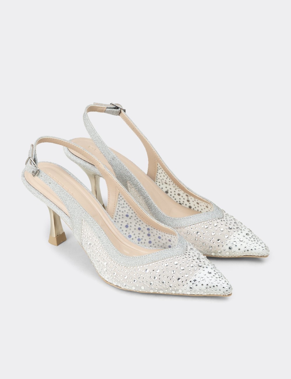 Women's Silver Rhinestone Slingback Heels - K0227ZGMSM01