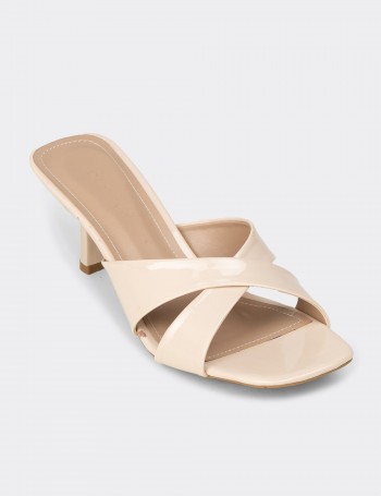 Women's Beige Nude Heeled Slide Sandals