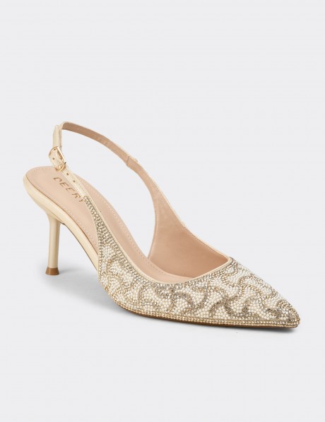 Women's Beige Rhinestone Slingback Heels