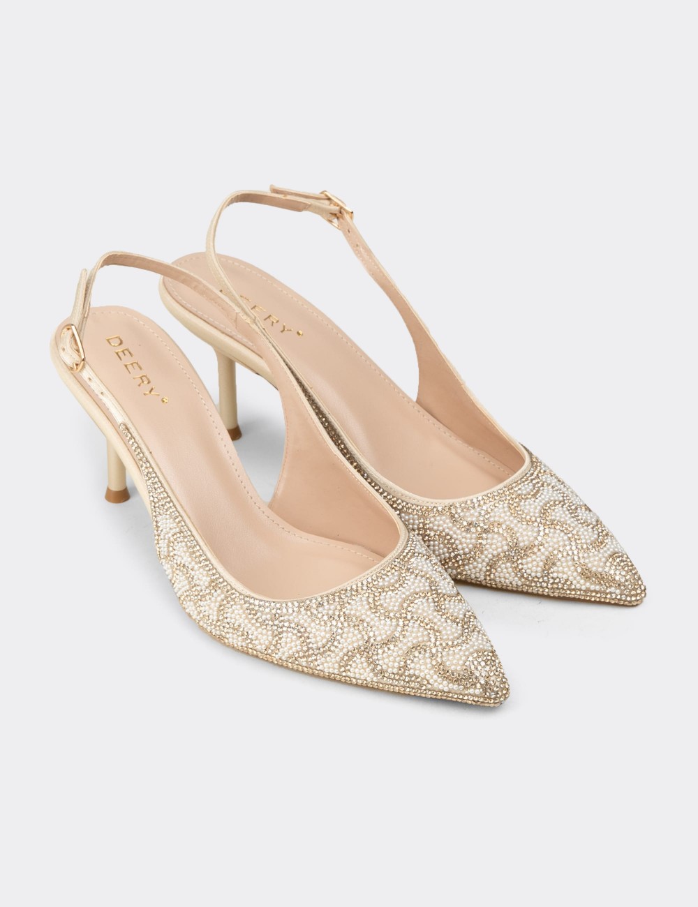 Women's Beige Rhinestone Slingback Heels - RD315ZBEJM01