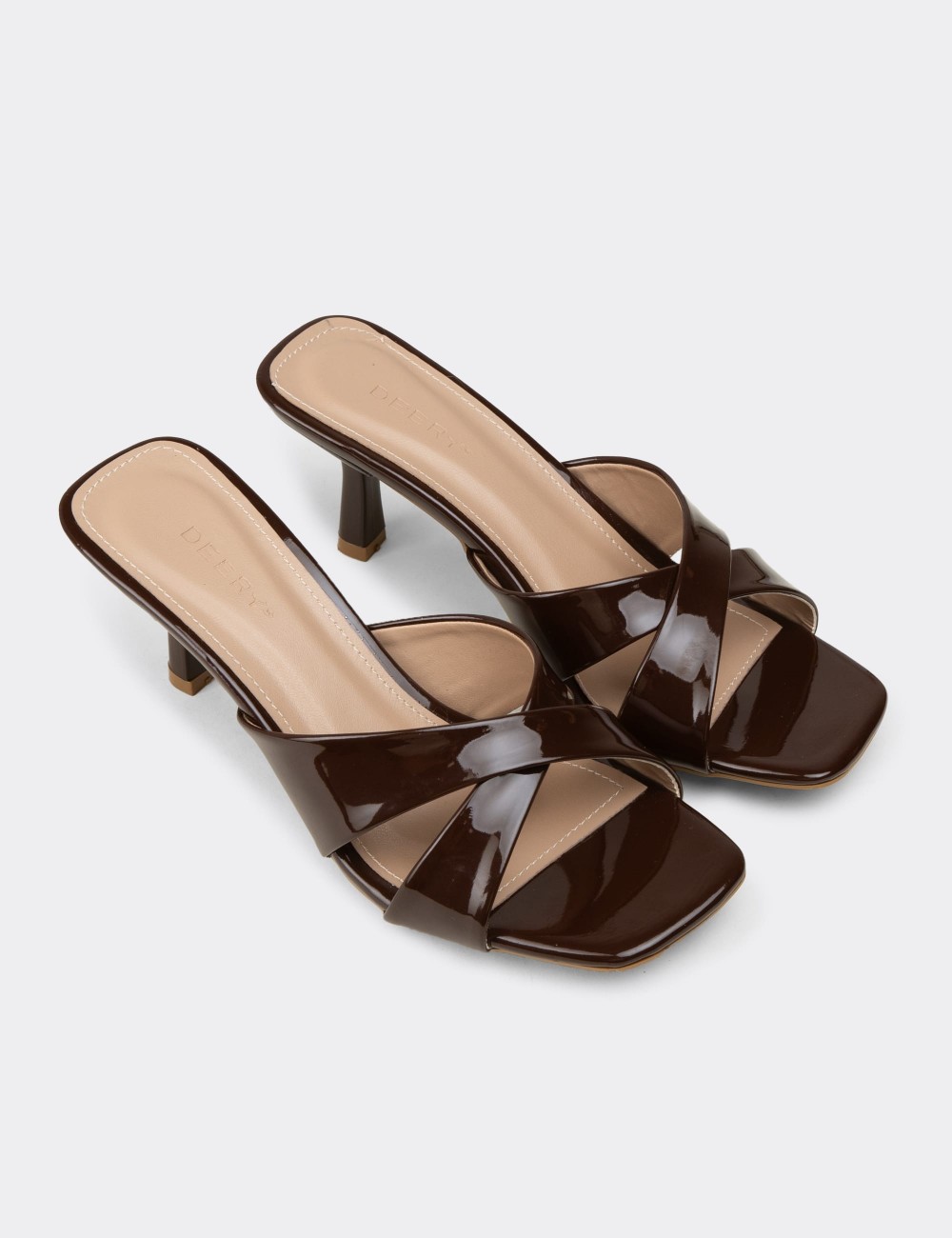 Women’s Patent Brown Nude Heeled Slide Sandals - K7773ZKHVM01