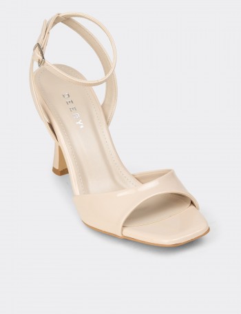Women's Patent Beige Ankle Strap Heeled Sandals