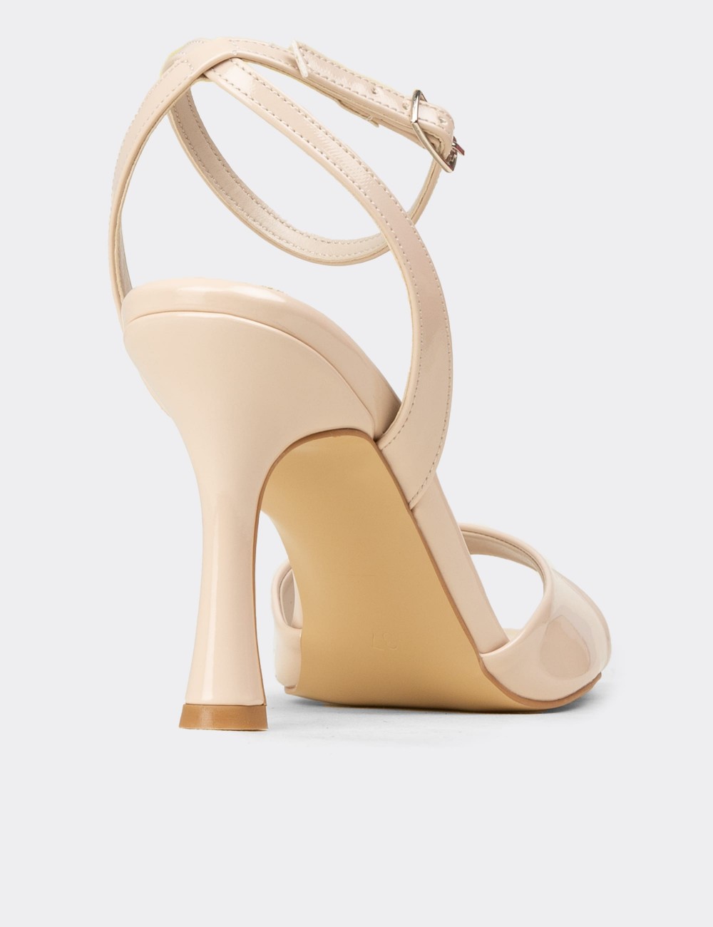 Women's Patent Beige Ankle Strap Heeled Sandals - SM239ZBEJM01