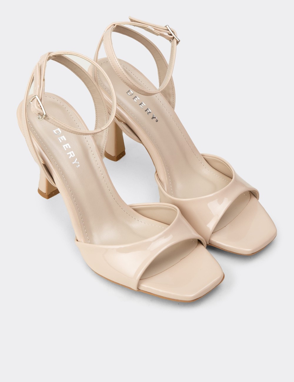 Women's Patent Beige Ankle Strap Heeled Sandals - SM239ZBEJM01