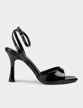 Women's Black Patent Ankle Strap High Heel Sandals