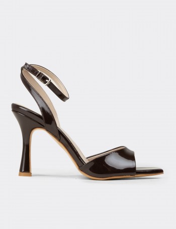 Women's Brown Patent Ankle Strap High Heel Sandals