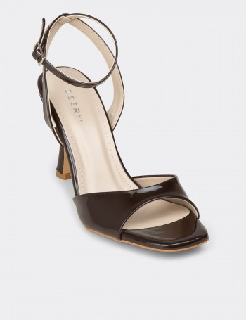 Women's Brown Patent Ankle Strap High Heel Sandals