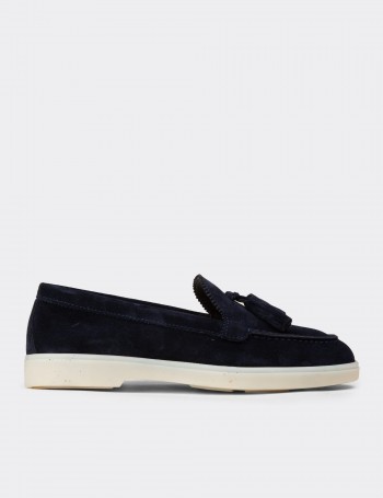 Women's Navy Suede Leather Loafers with Tassels