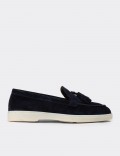Women's Navy Suede Leather Loafers with Tassels