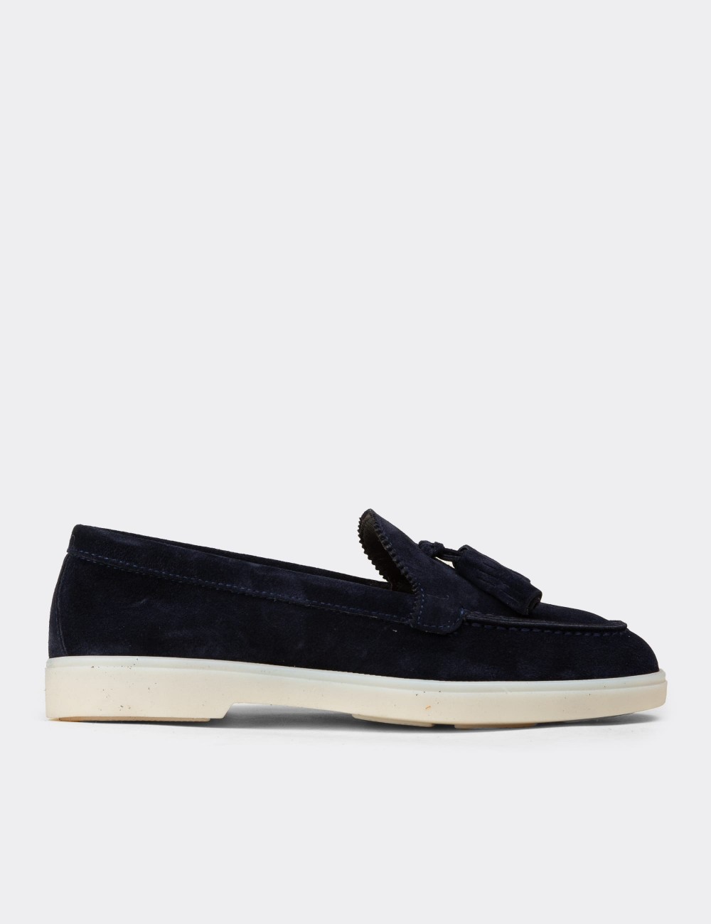 Women's Navy Suede Leather Loafers with Tassels - 02040ZLCVC01