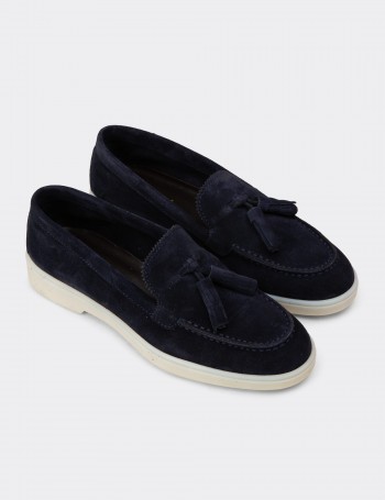 Women's Navy Suede Leather Loafers with Tassels