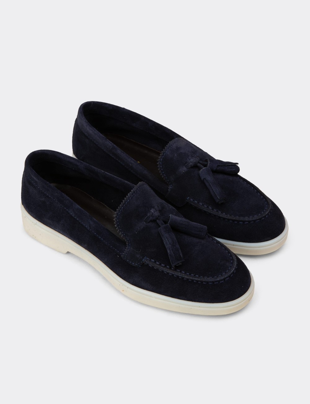 Women's Navy Suede Leather Loafers with Tassels - 02040ZLCVC01