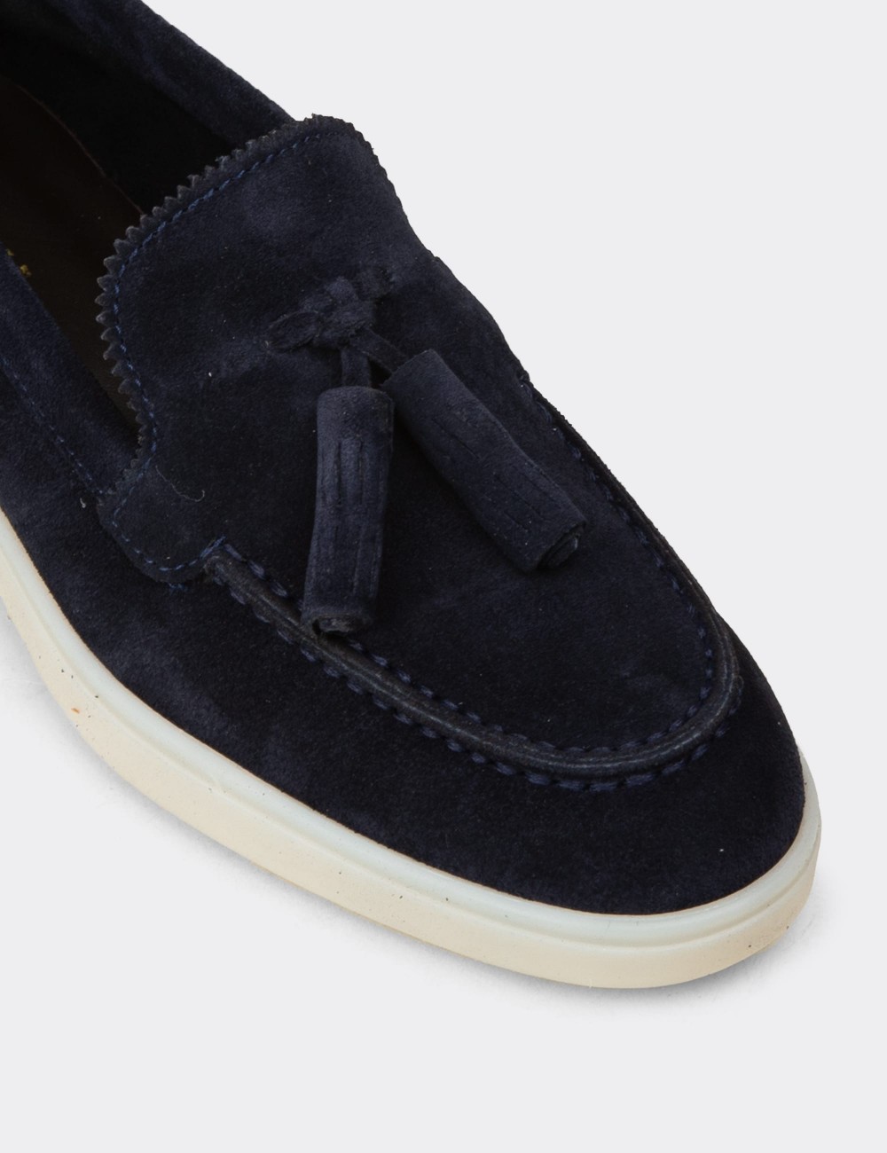 Women's Navy Suede Leather Loafers with Tassels - 02040ZLCVC01