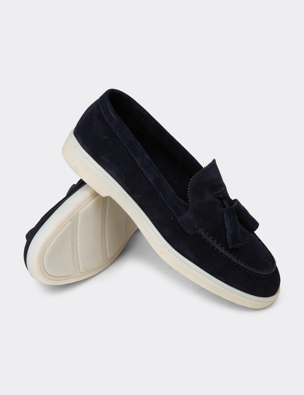 Women's Navy Suede Leather Loafers with Tassels - 02040ZLCVC01