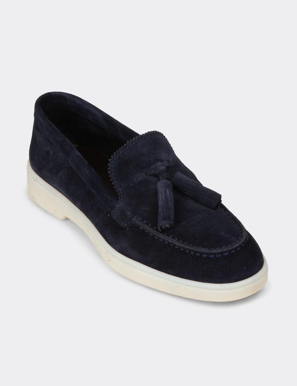 Women's Navy Suede Leather Loafers with Tassels - 02040ZLCVC01