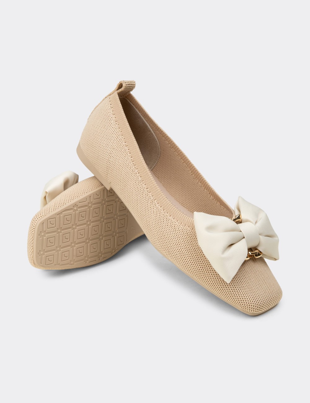 Women's Beige Bow Detail Flats - K4006ZBEJC01