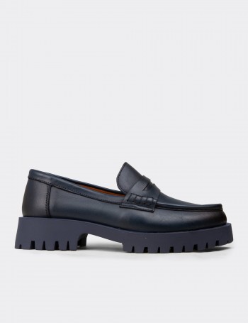 Women's Navy Suede Leather Loafers