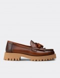 Women's Tan Leather Loafers with Tassels