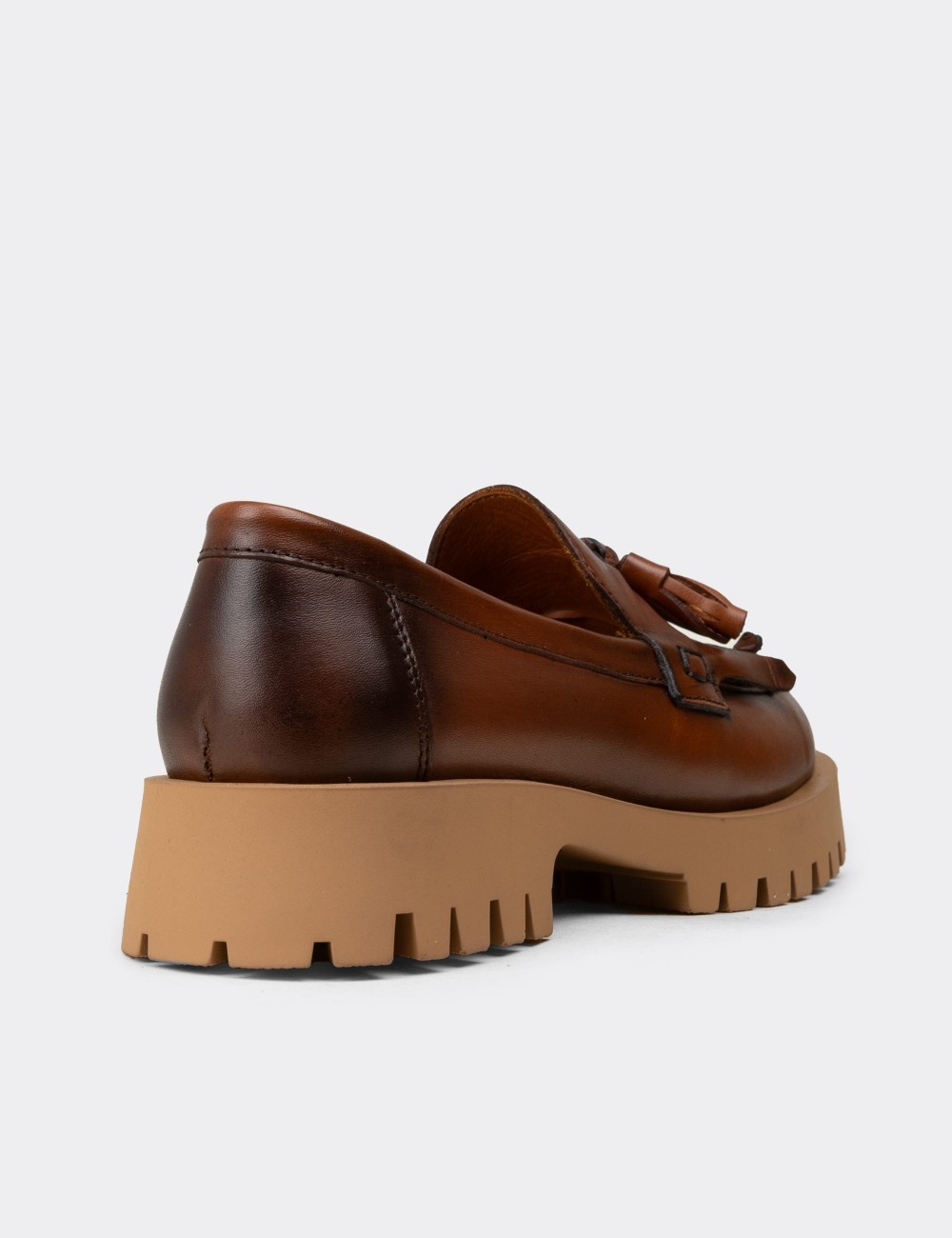 Women's Tan Leather Loafers with Tassels - 02033ZTBAC02