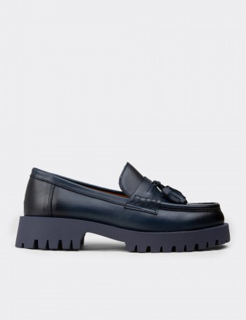 Women's Navy Leather Loafers with Tassels