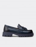 Women's Navy Leather Loafers with Tassels